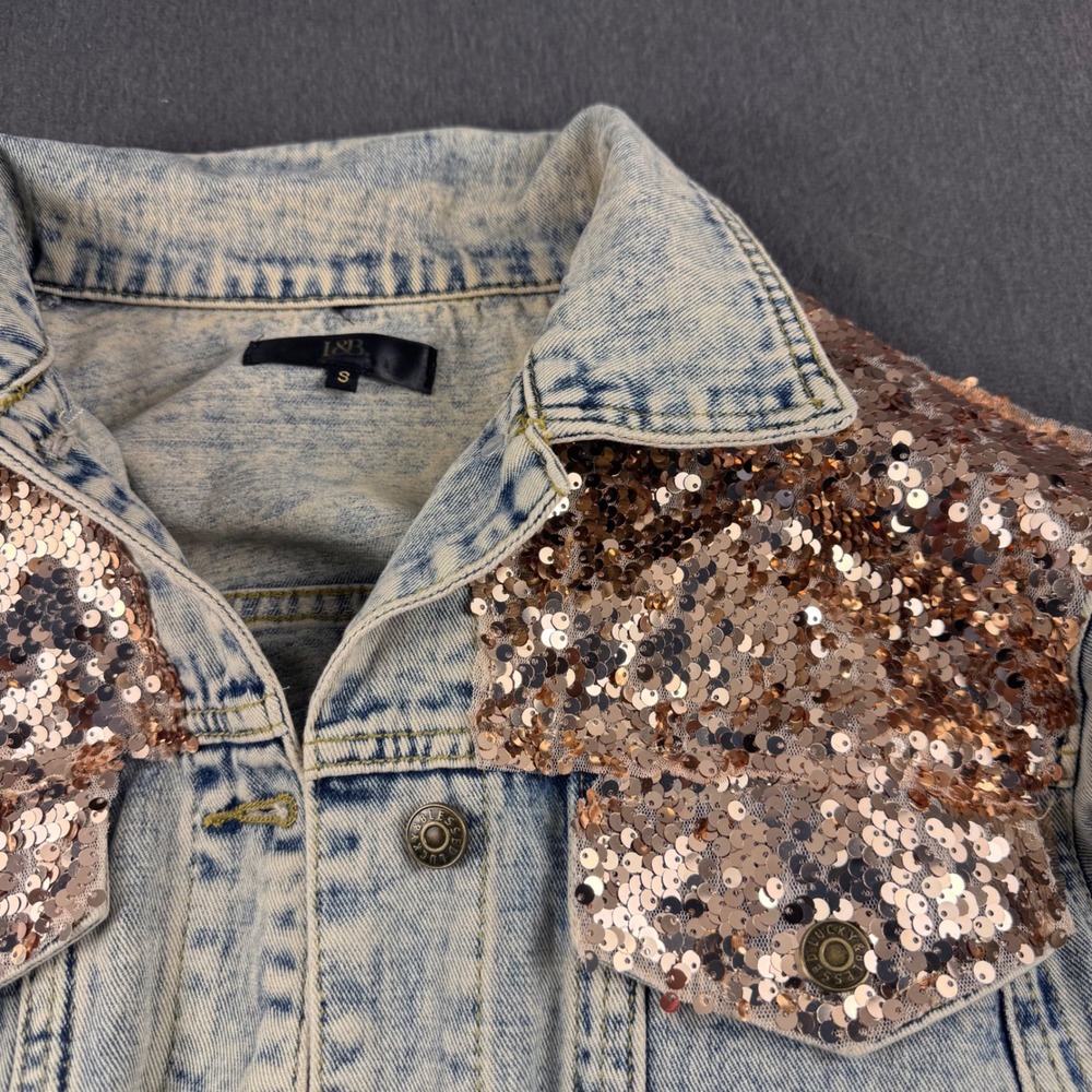 Lucky & Blessed L&B Acid Wash Denim Jacket Rose Gold Sequin Frayed‎ Hem Small